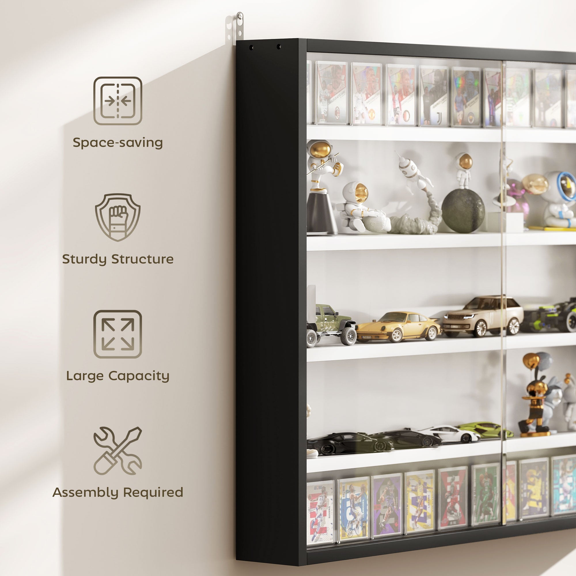 HOMCOM 5-Tier Wall Display Cabinet,  Wall Mounted Display Case w/ 4 Adjustable Shelves, Glass Doors, 60x80cm, Black and White 