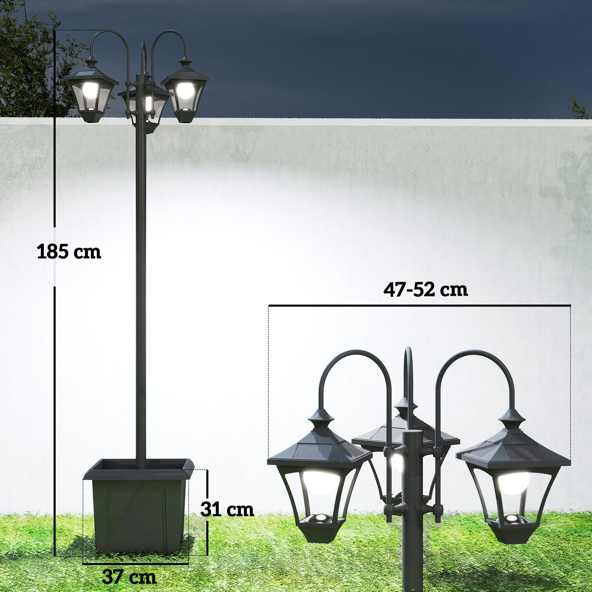 Outsunny Solar Lamp Post with Dusk-to-Dawn Sensor Street Light with 3-Head Planter 185 cm Black 