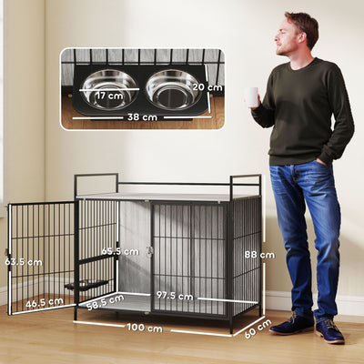 PawHut Large Dog Crate Furniture with Rotating Bowl Holder, 2 Bowls, 2 Doors, for Large Dogs, 100 x 60 x 88 cm, Grey 