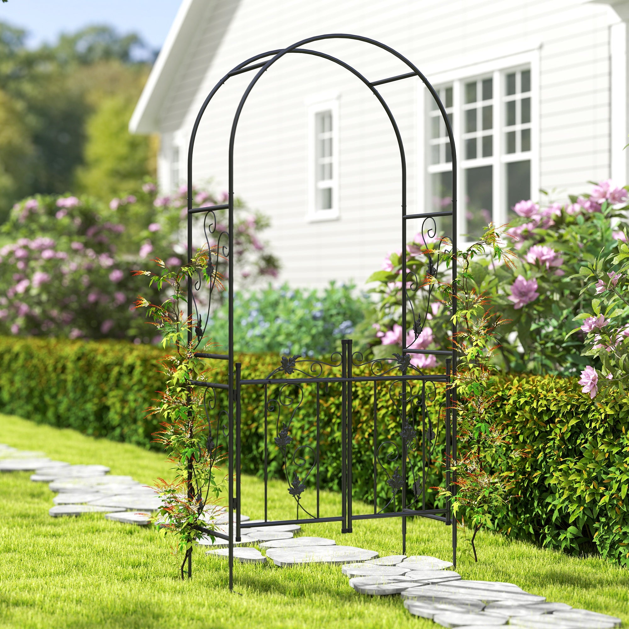 Outsunny 2.17m Steel Garden Arch with Gate, Wedding Arch for Outdoor, Garden, 107W x 45D x 217H cm Black 