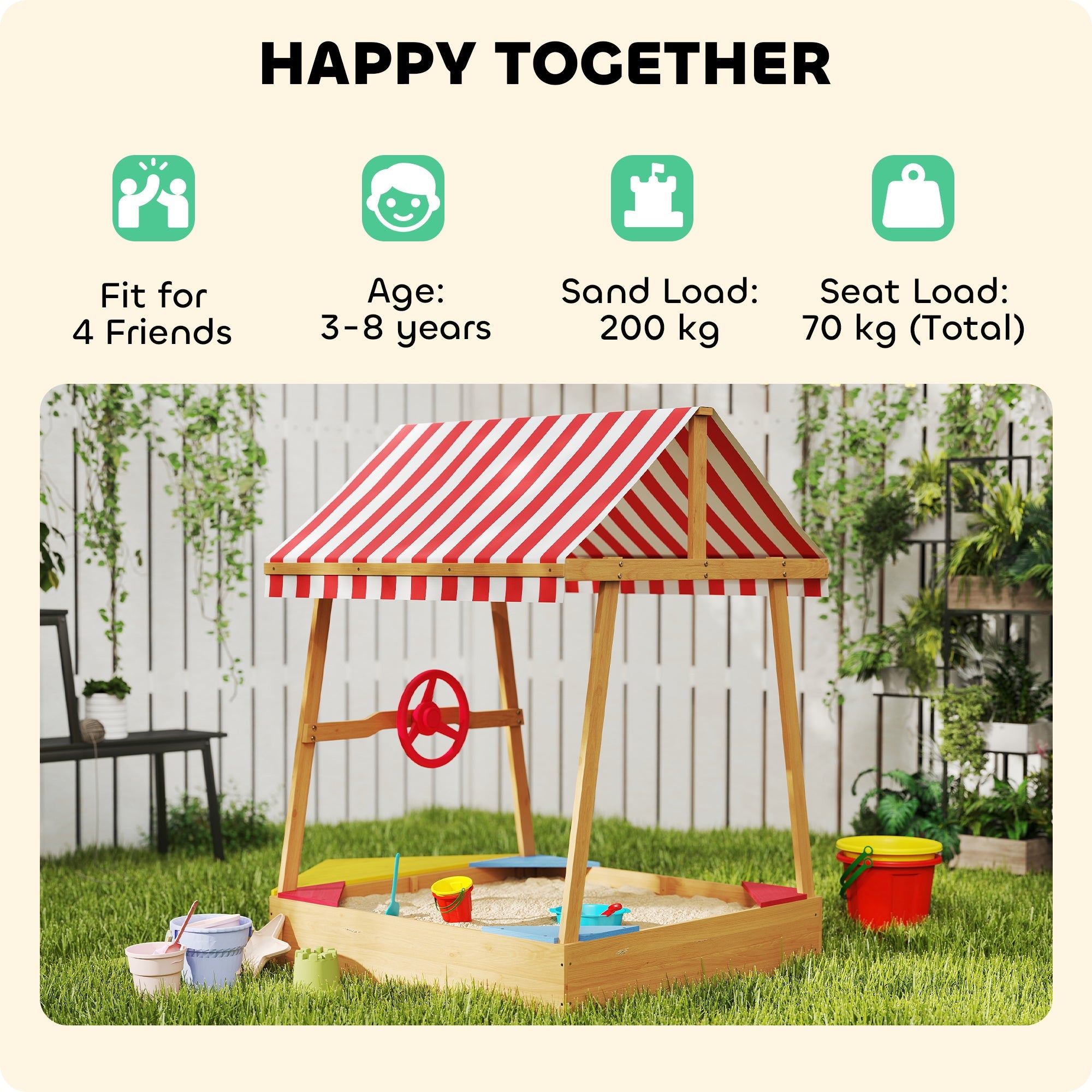 AIYAPLAY Wooden Kids Sandpit Boat Style with Canopy, 4 Seats, Rudder, Bottom Liner, for Children 3-8 Years, Yellow 