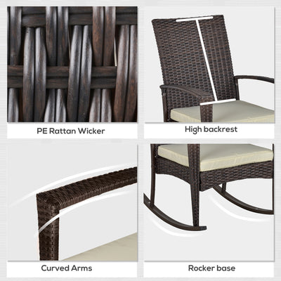 Outsunny PE Rattan Garden Rocking Chair, Outdoor Rocking with Cushion, 160 KG Capacity Wicker Garden Armchair Rocker with Metal Frame for Patio, Porch, Balcony, Brown 