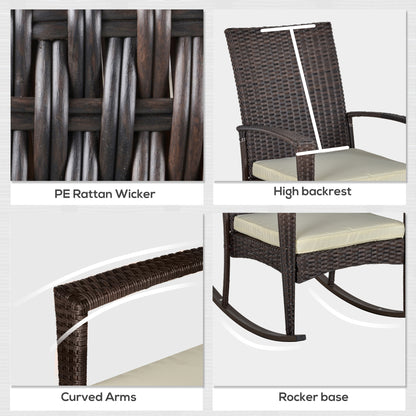 Outsunny PE Rattan Garden Rocking Chair, Outdoor Rocking with Cushion, 160 KG Capacity Wicker Garden Armchair Rocker with Metal Frame for Patio, Porch, Balcony, Brown 