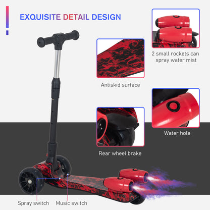 HOMCOM Kids Scooter, 3 Wheel Foldable Kick Scooter Adjustable Height w/ Flashing Wheels, Music, Water Spray for 3-6 Years, Red 