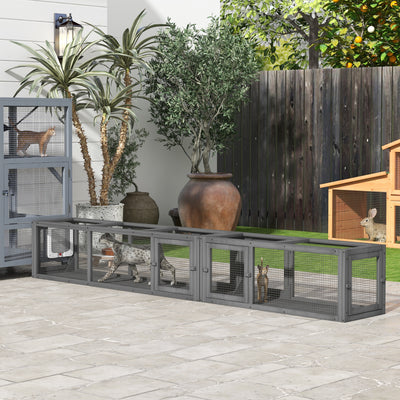 PawHut Cat Tunnel, 250cm Extra Long Wooden Cat Play Tunnel with 8 Doors, L-shape/Rectangle, Outdoor Cat Enclosure, Dark Grey 