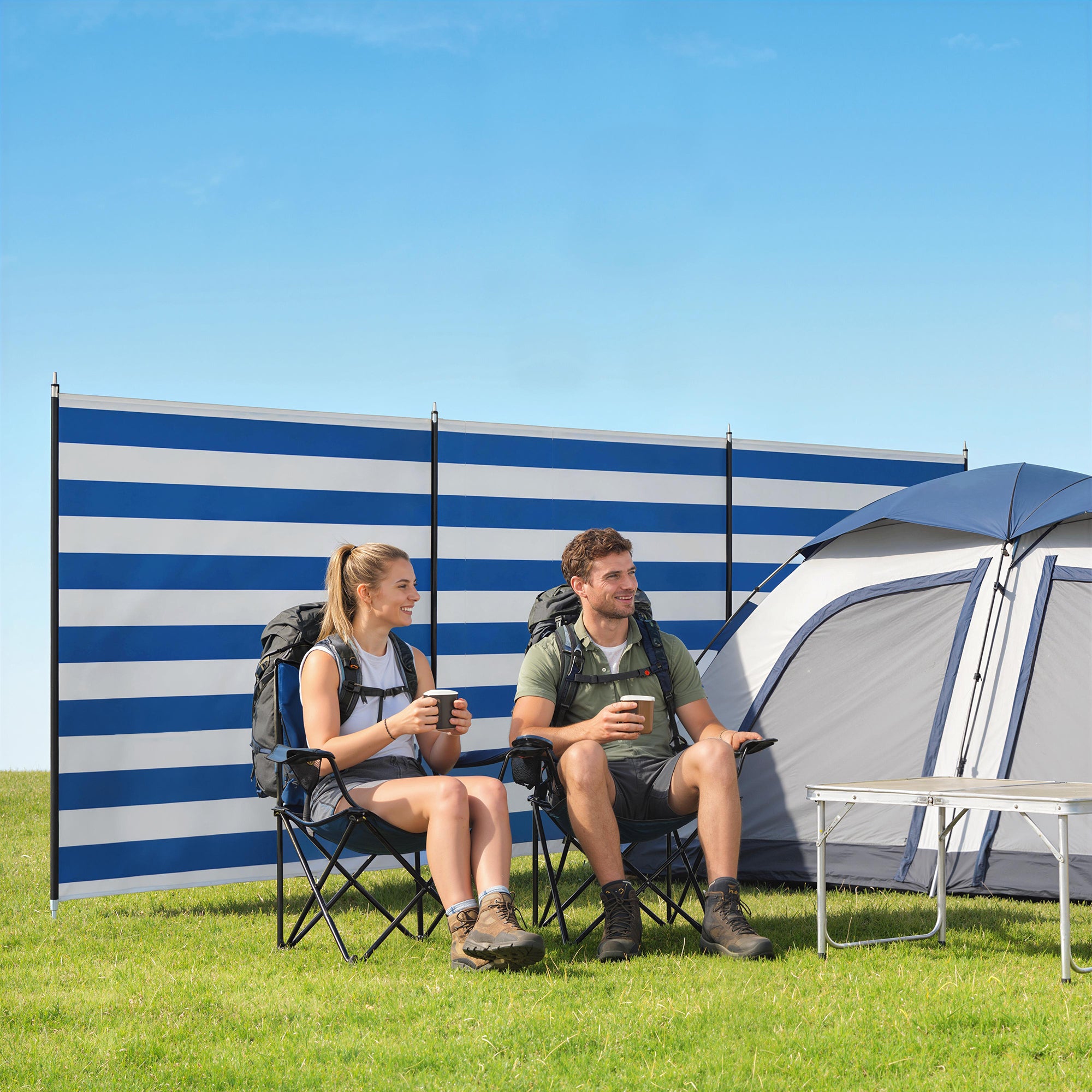 Outsunny 4 Pole Camping Windbreaks, Beach Wind Shield Shelter with Carry Bag and Steel Poles, 540cm x 150cm, Dark Blue 