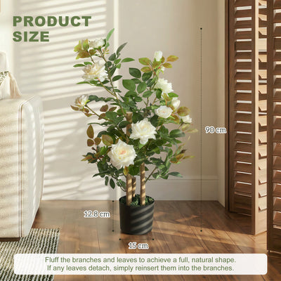 HOMCOM 90cm Artificial Rose Tree, Decorative Fake Plant with 344 Silk Leaves 17 Flowers for Outdoor Indoor Decor, White 