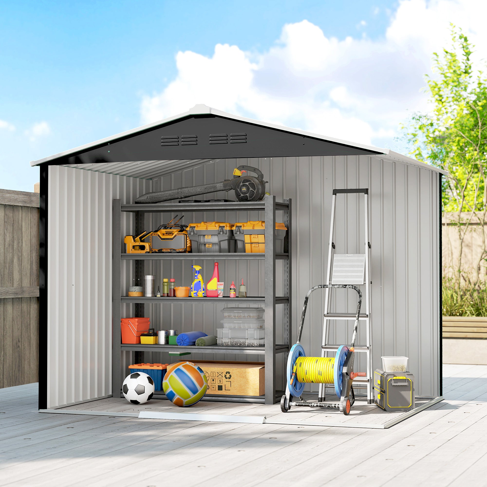 Outsunny 8 x 6ft Galvanised Steel Shed, with Double Door - Dark Grey 