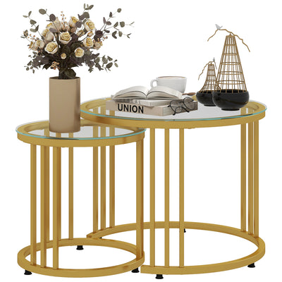 HOMCOM Round Coffee Tables Set of 2, Nesting Tables with Tempered Glass Top and Steel Frame, 60cmx60cmx47cm, Gold Tone 