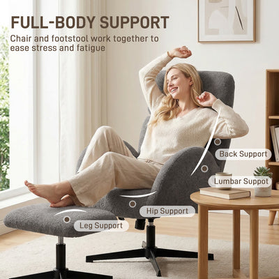 HOMCOM Swivel Armchair and Footstool Set, Height Adjustable Accent Chair with Adjustable Headrest, Rocking Function, Grey 