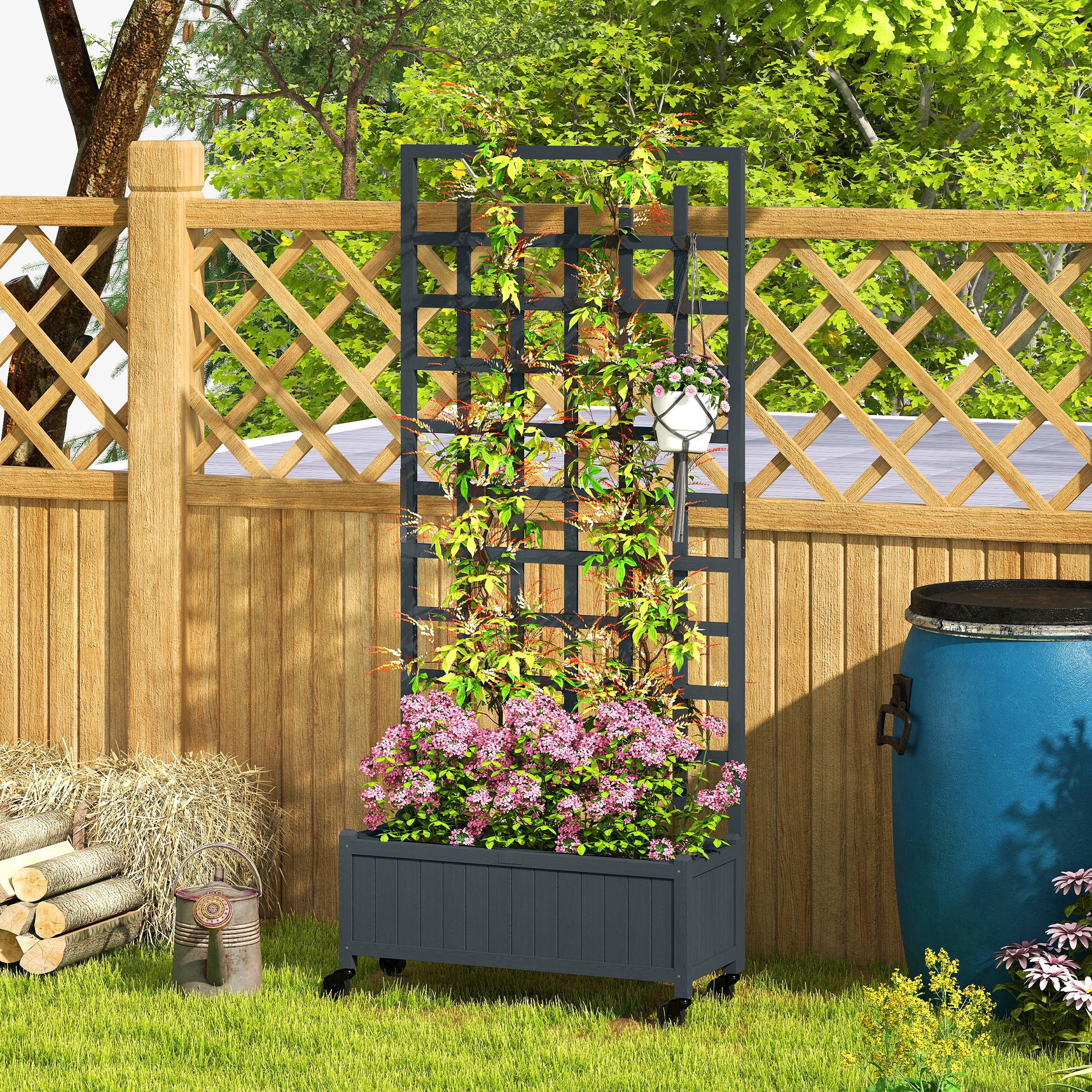 Outsunny Wooden Trellis Planter, Raised Garden Bed with Wheels, to Climb and Grow Vegetables, Herbs and Flowers, Grey 