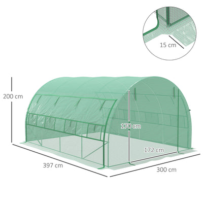 Outsunny Polytunnel Greenhouse Walk-in Grow House Tent with Roll-up Sidewalls, Zipped Door and 8 Windows, 4x3x2m Green 