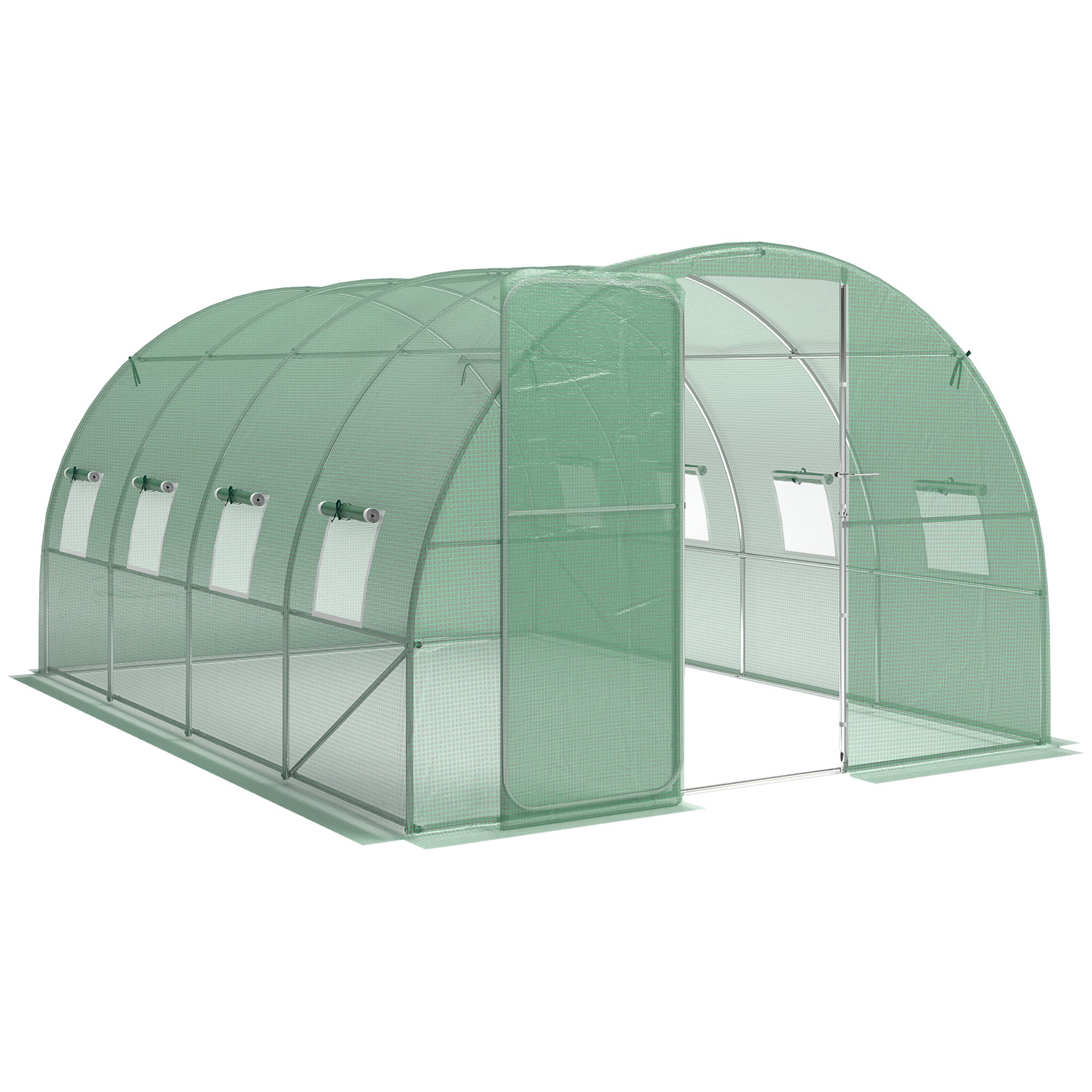 Outsunny 3 x 4 m Walk-in Polytunnel Greenhouse with Hinged Door and 8 Roll Up Mesh Windows, Garden Tunnel Warm House Tent, Green 
