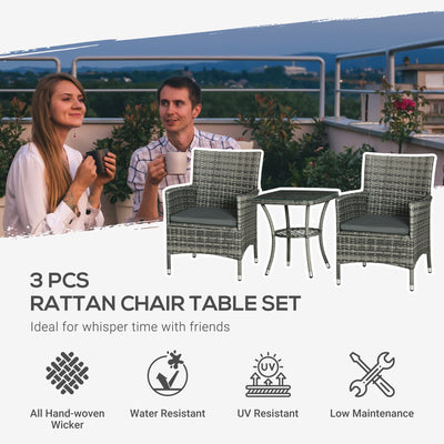 Outsunny 3 Pieces Rattan Bistro Set, Wicker Garden Furniture Set with 2-Tier Coffee Table and Chairs, Washable Cushions, for Outdoor Patio Balcony, Mixed Grey 