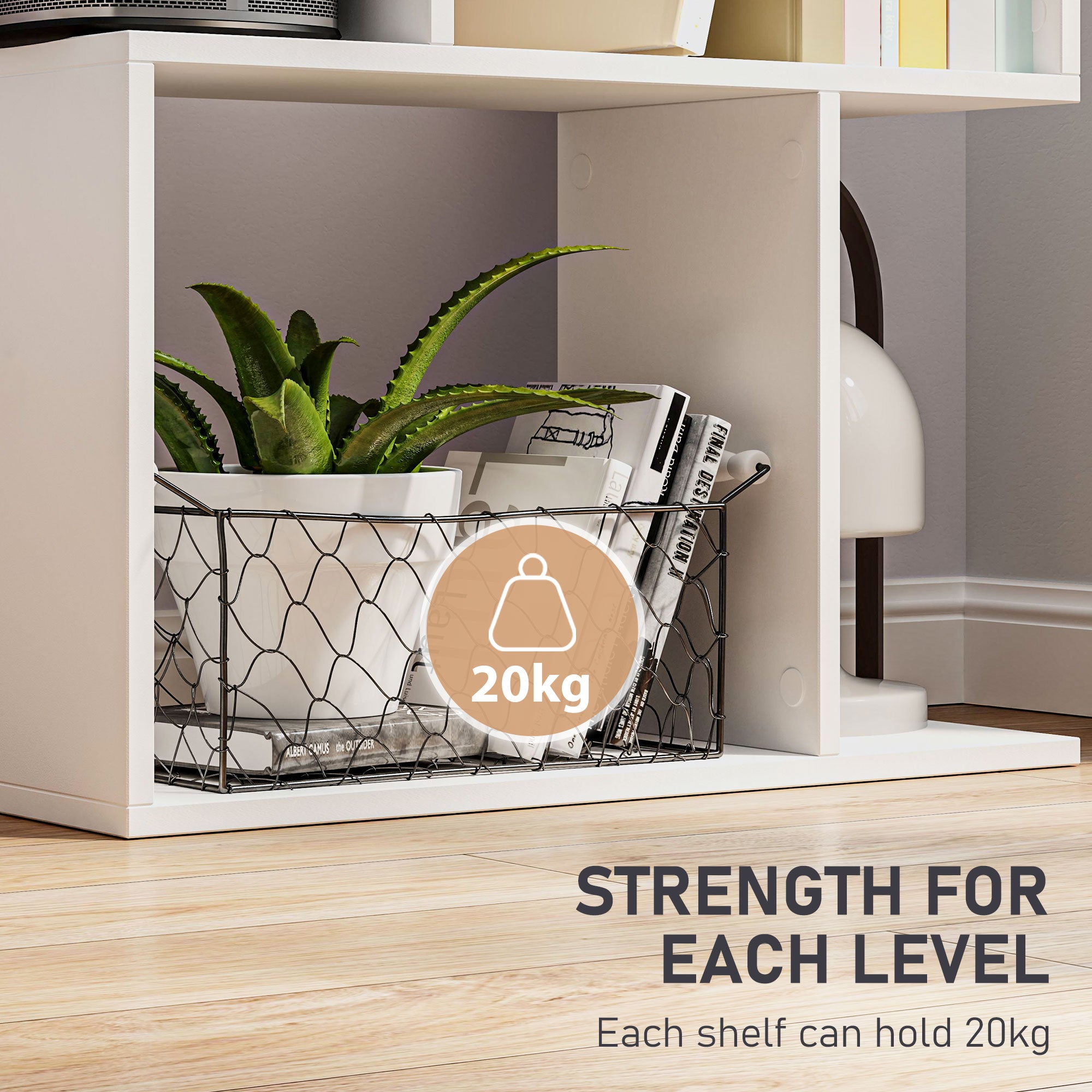 HOMCOM Bookcase, S-Shaped Wooden Bookshelf, 5 Tiers Freestanding Storage Shelf, Home Office Display Stand Rack, White 