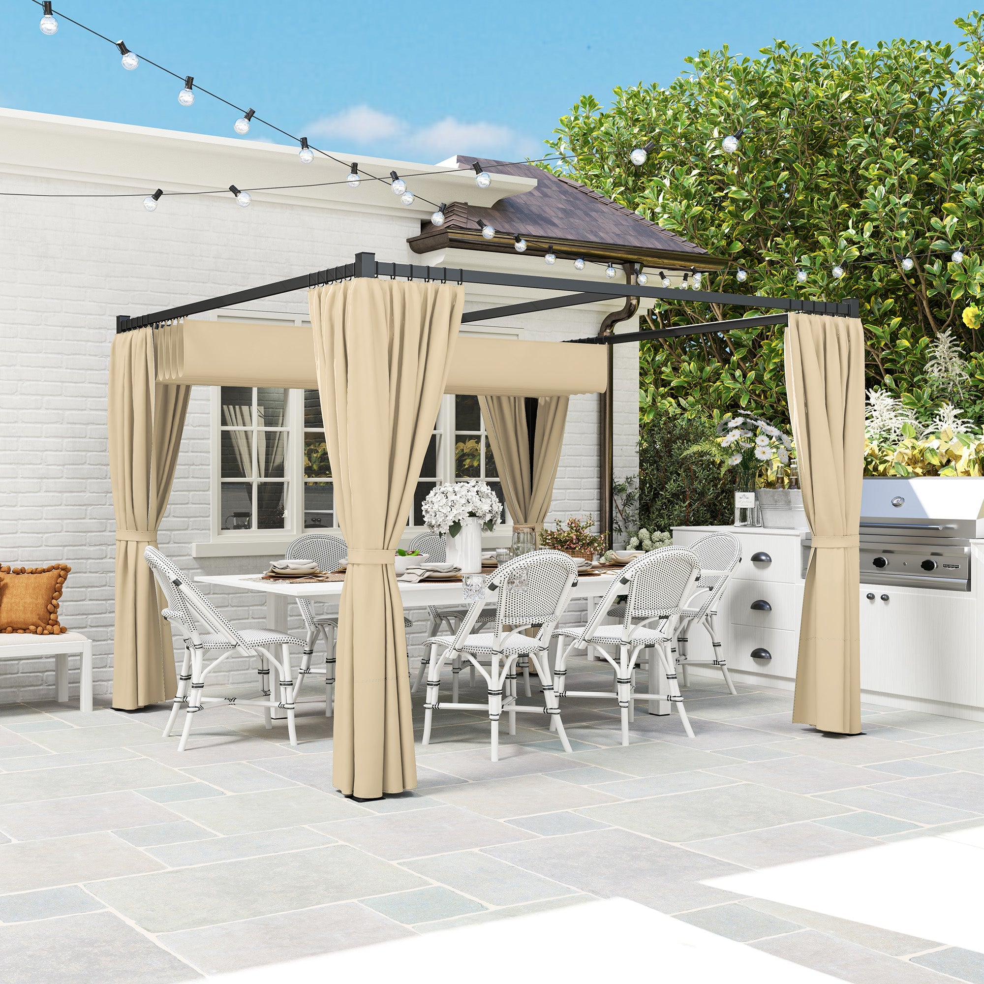 Outsunny 3 x 3m Retractable Roof Pergola, with Curtains - Khaki 