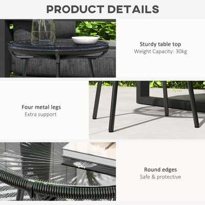 Outsunny Rattan Side Table, Round Outdoor Coffee Table, with Round PE Rattan and Tempered Glass Table Top for Patio, Garden, Balcony, Black 