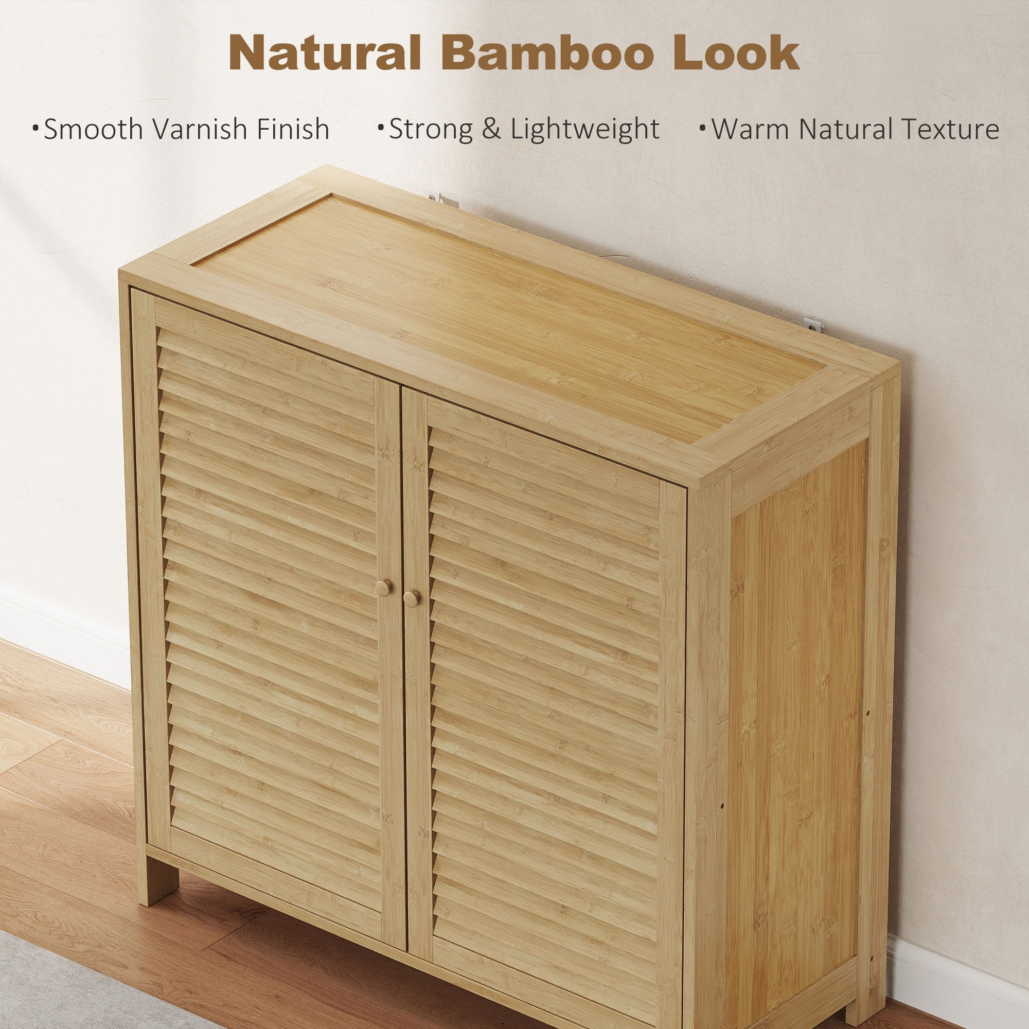 HOMCOM Bamboo Shoe Cabinet with Louvered Doors, 14 Pairs Shoe Storage Cabinet with Adjustable Shelves for Hallway, Natural 