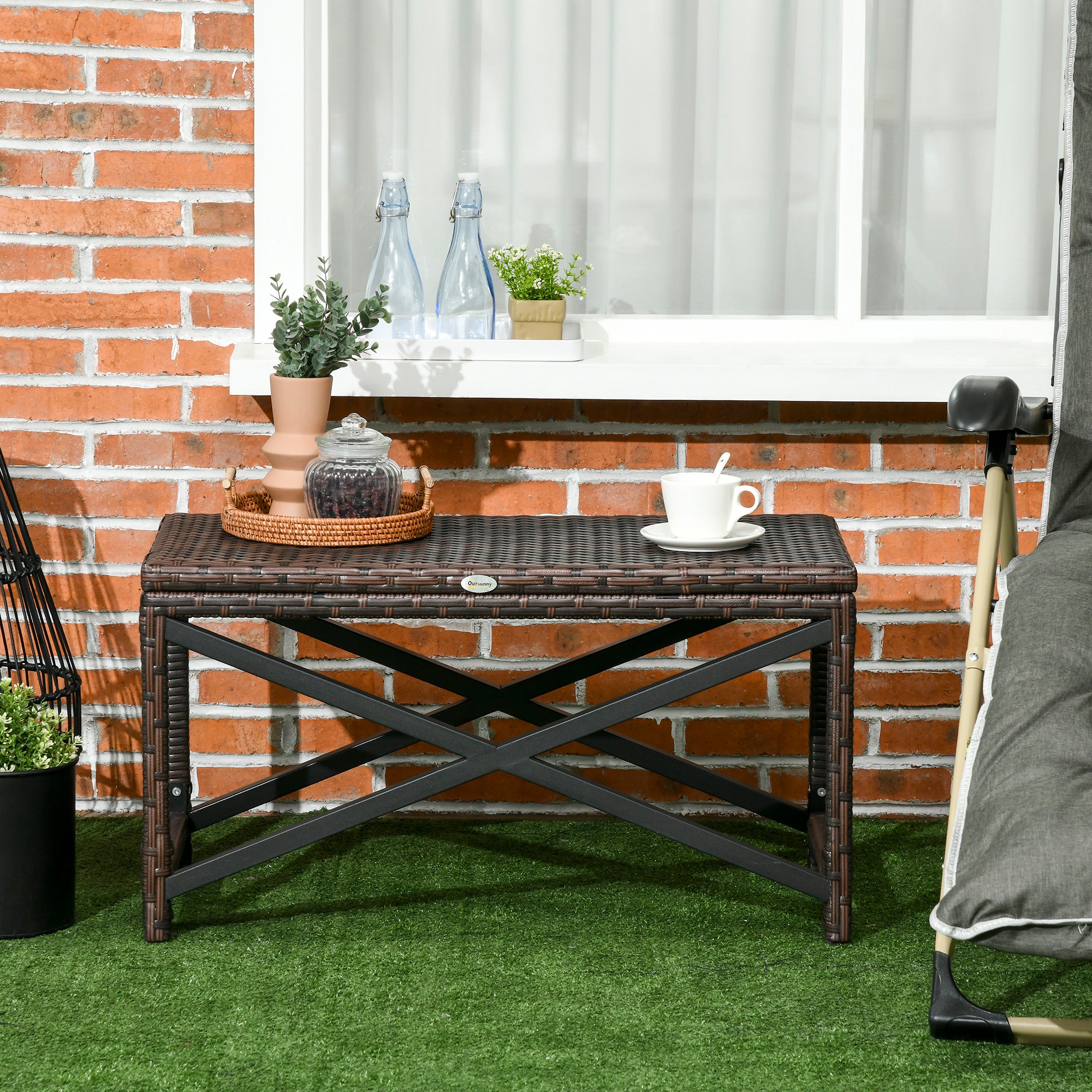Outsunny PE Rattan Garden Side Table, Outdoor Coffee Table with X-Shape Frame, Mixed Brown 