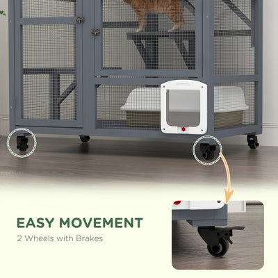 PawHut Cat House, Wooden Outdoor Catio Cat Enclosure on Wheels, Wooden Kitty Cage with Platforms, Hammock, Light Grey 