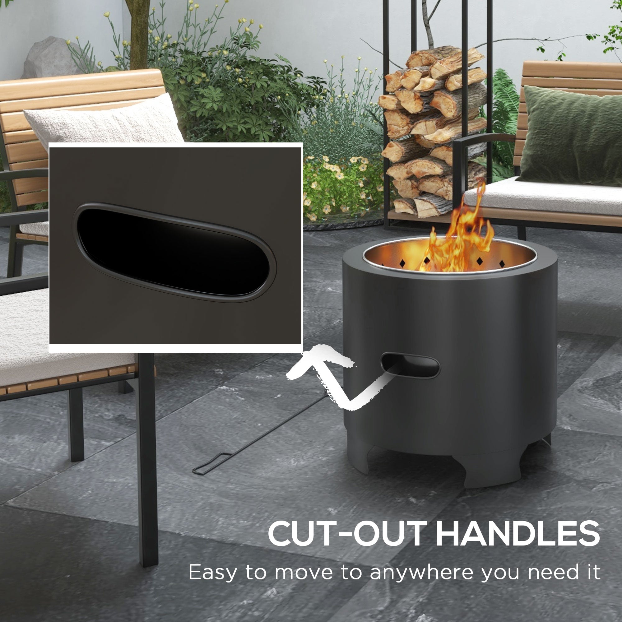 Outsunny Smokeless Fire Pit, 45cm Portable Wood Burning Firepit, Round Metal Bonfire Stove with Poker for Garden, Camping, Black 