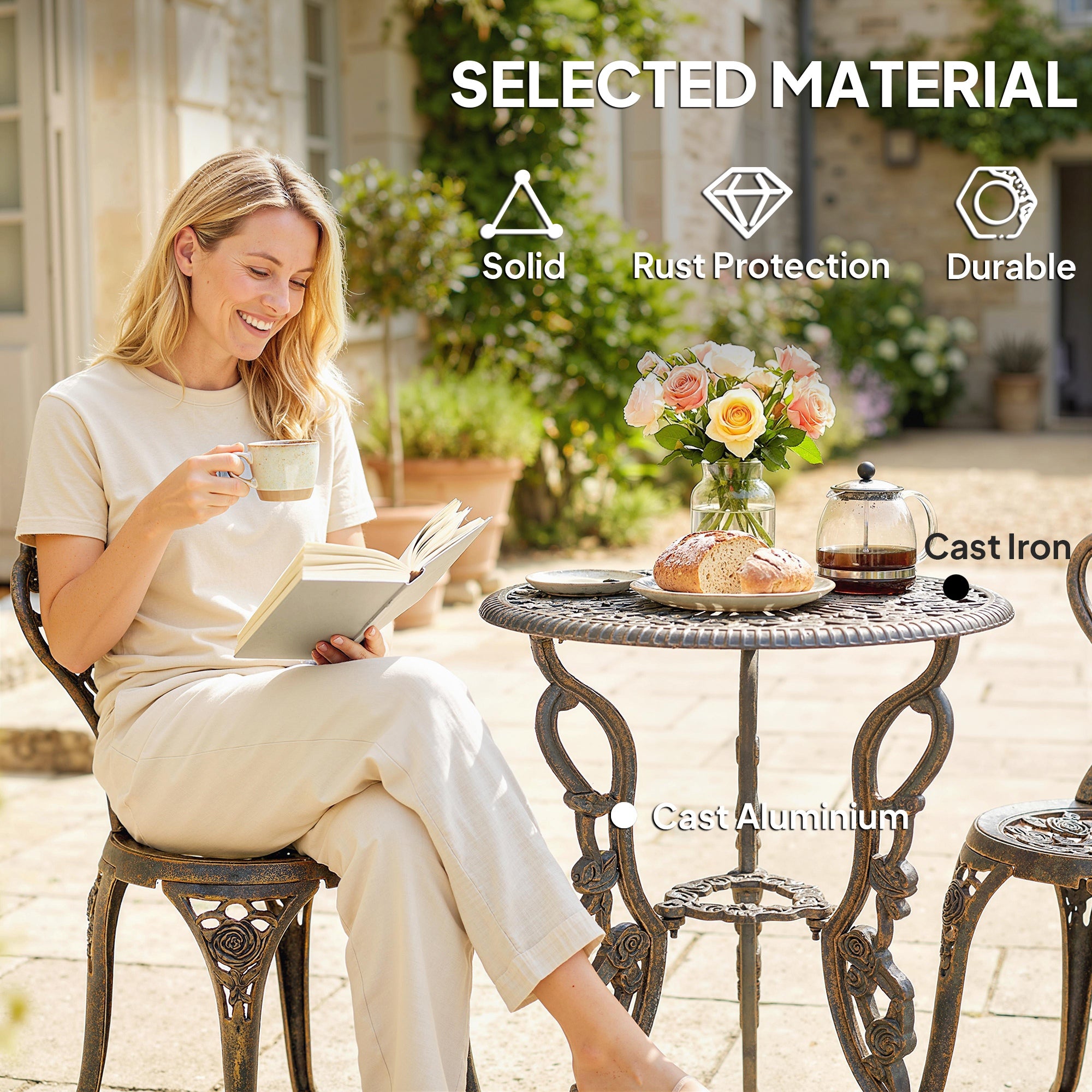 Outsunny Outdoor Bistro Set Vintage Rose Design Patio Furniture Set with Round Table and 2 Chairs Metallic Finish 