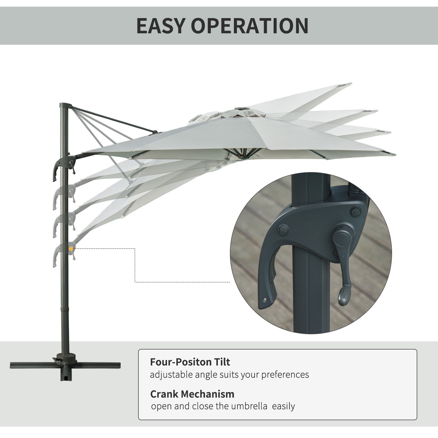 Outsunny 3(m) LED Cantilever Parasol Garden Sun Umbrella w/ Cross Base and Solar Lights Grey 