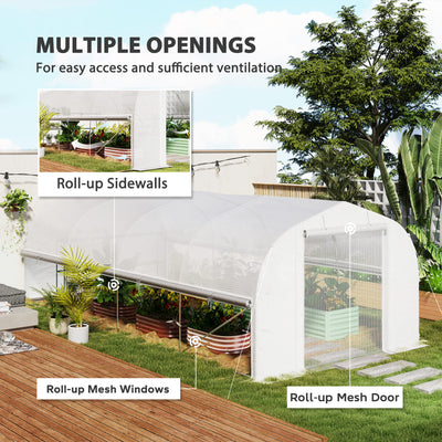 Outsunny 6 x 3 x 2m Walk-in Polytunnel Greenhouse, Zipped Roll Up Sidewalls, Mesh Door, 8 Mesh Windows, Tunnel Warm House Tent with PE Cover, Complimentary Plant Labels and Gloves, White 