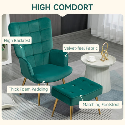 HOMCOM Modern Armchair with Footstool, Upholstered Accent Chair with Ottoman, Steel Legs, Velvet Wingback Chair for Living Room, Bedroom, Home Study, Dark Green 