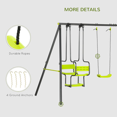 Outsunny Metal Garden Swing Set with Double Swings, Glider, Swing Seats - Green 