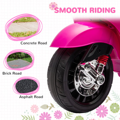 AIYAPLAY 12V Vespa Licensed Kids Electric Motorbike w/ Music, Headlights, FM Radio, for 3-6 Years - Pink 