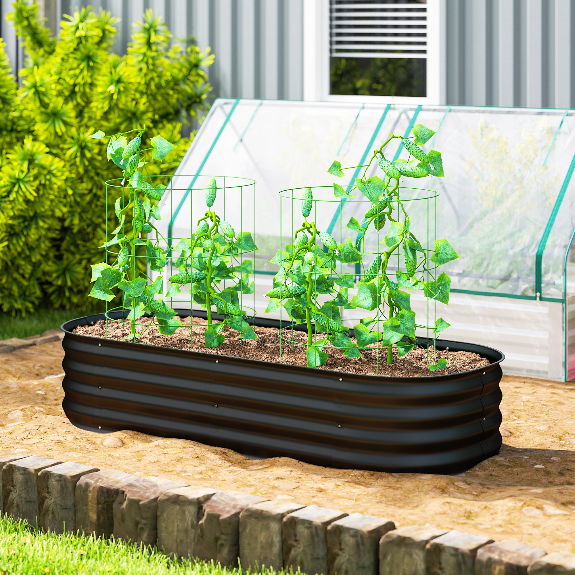Outsunny Galvanised Raised Garden Bed, Metal Planter Box with Safety Edging, for Flowers, Herbs, Succulents, Black 
