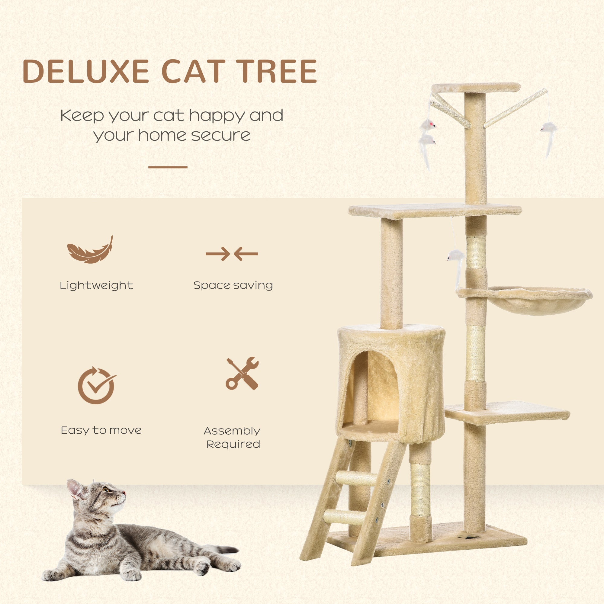 PawHut Cat Tree for Indoor Cats 135cm Kitten Tower Scratching Post Kitty Scratcher Climbing Tower with Ladder, Beige 