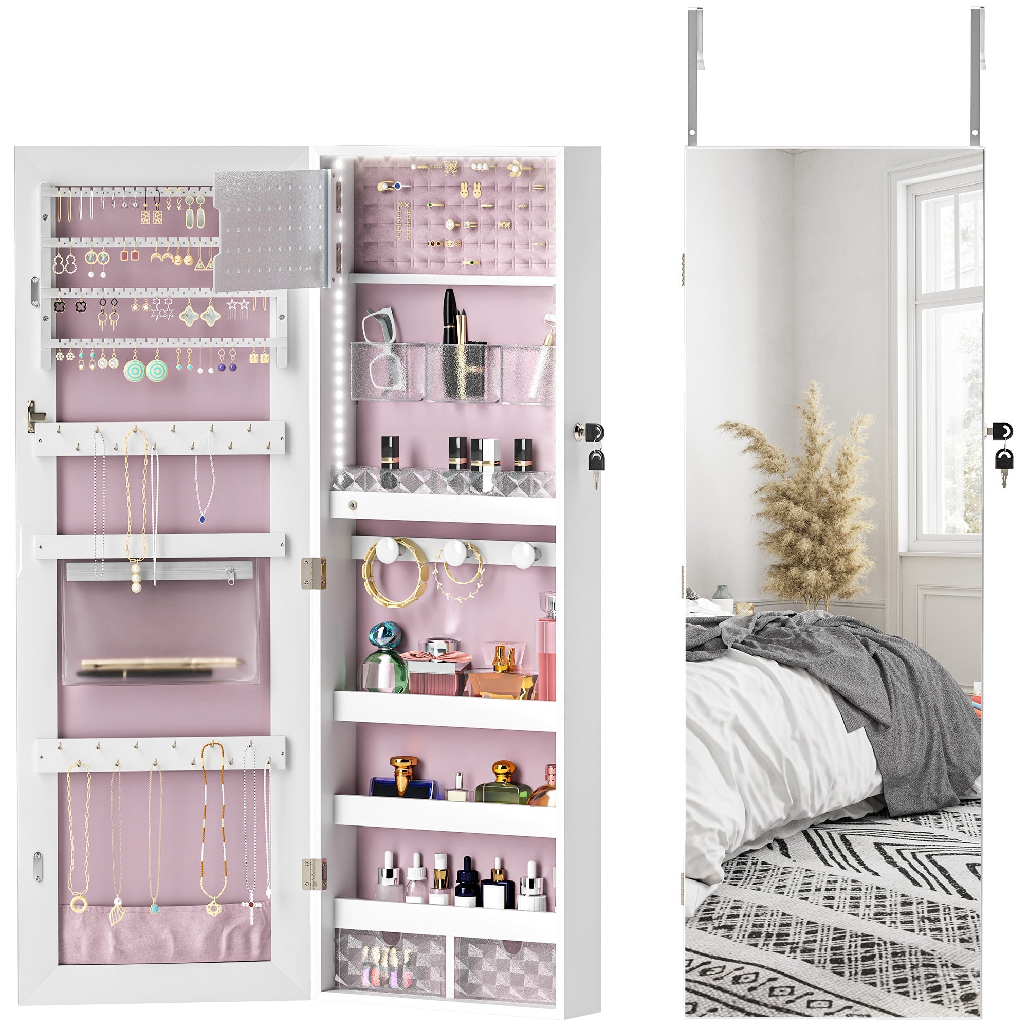 HOMCOM 108 x 37cm Lockable Jewellery Cabinet, with LED Lights - White Surface and Pink Lining 
