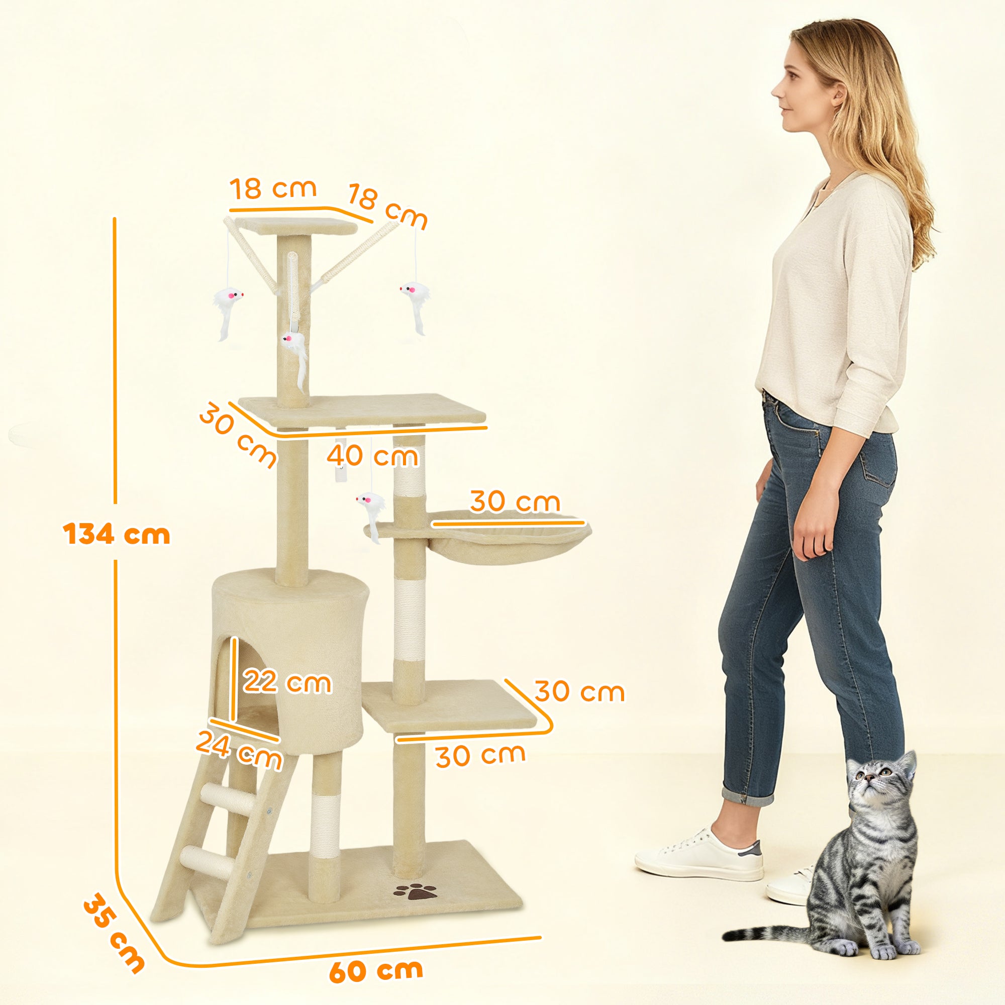PawHut Multi-Level Cat Tower, 134cm Cat Tree with Condo and Sisal Scratching Posts for Indoor Kittens, Beige 
