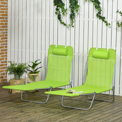 Outsunny Folding Sun Lounger Set of 2, Outdoor Day Beds with Pillow, Reclining Back, Steel Frame and Breathable Mesh for Beach, Yard, Patio, Green 