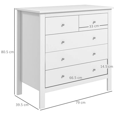 HOMCOM Modern Chest of Drawers, 5 Drawer Storage Cabinet with Metal Handles and Runners for Bedroom, White 