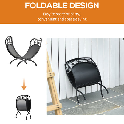 Outsunny Metal Arced Firewood Log Holder Indoor Outdoor Folding Firewood Rack Fireplace Wood Storage Shelf w/ Leaf Pattern Design, Black, 43.5W x 36.5D x 41H cm 
