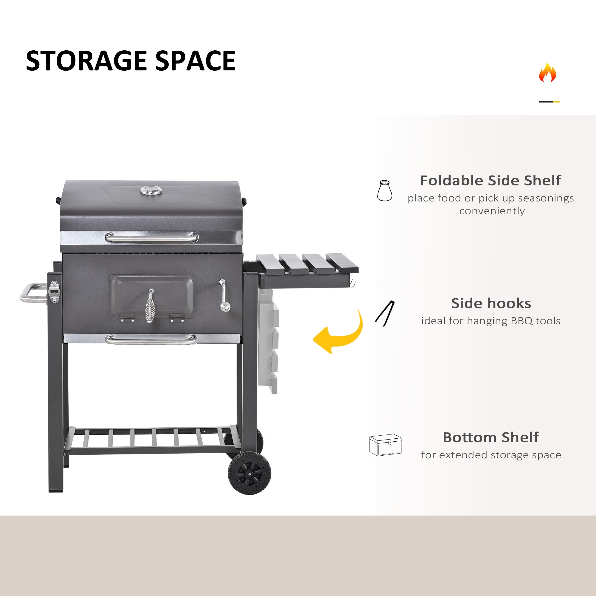 Outsunny Charcoal Grill BBQ Trolley with Adjustable Charcoal Grate, Garden Metal Smoker Barbecue with Shelf, Side Table, Wheels, Built-in Thermometer, Bottle Opener 