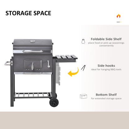 Outsunny Charcoal Grill BBQ Trolley with Adjustable Charcoal Grate, Garden Metal Smoker Barbecue with Shelf, Side Table, Wheels, Built-in Thermometer, Bottle Opener 