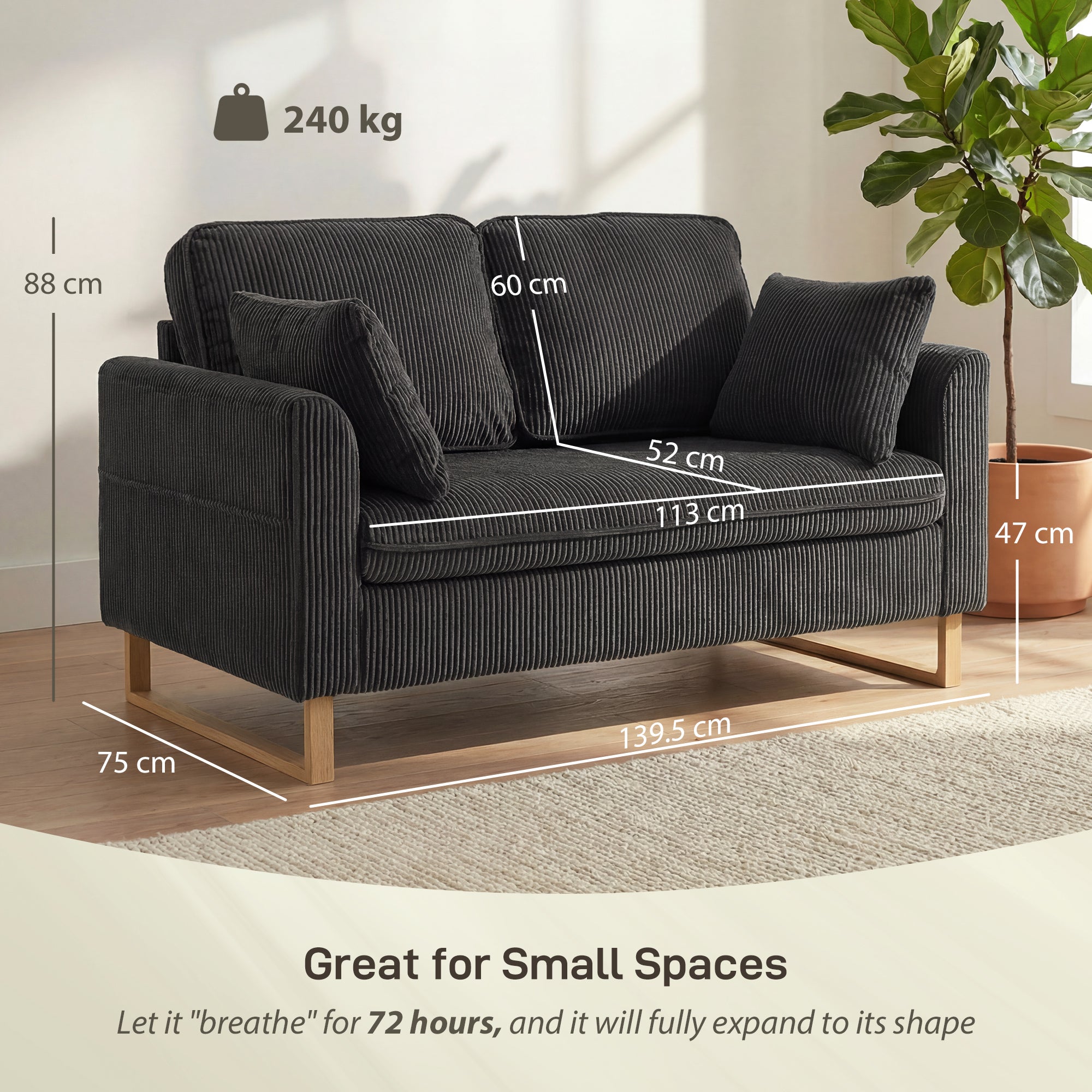 HOMCOM 2 Seater Sofa, 140 cm Loveseat Sofa with Spring Cushions, Metal Legs, 2 Pillows, Dark Grey 