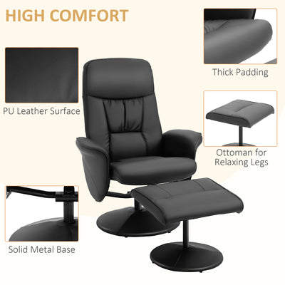 HOMCOM Swivel Recliner Chair with Footstool, PU Leather Armchair and Ottoman with High Back and Round Base for Living Room, Black 
