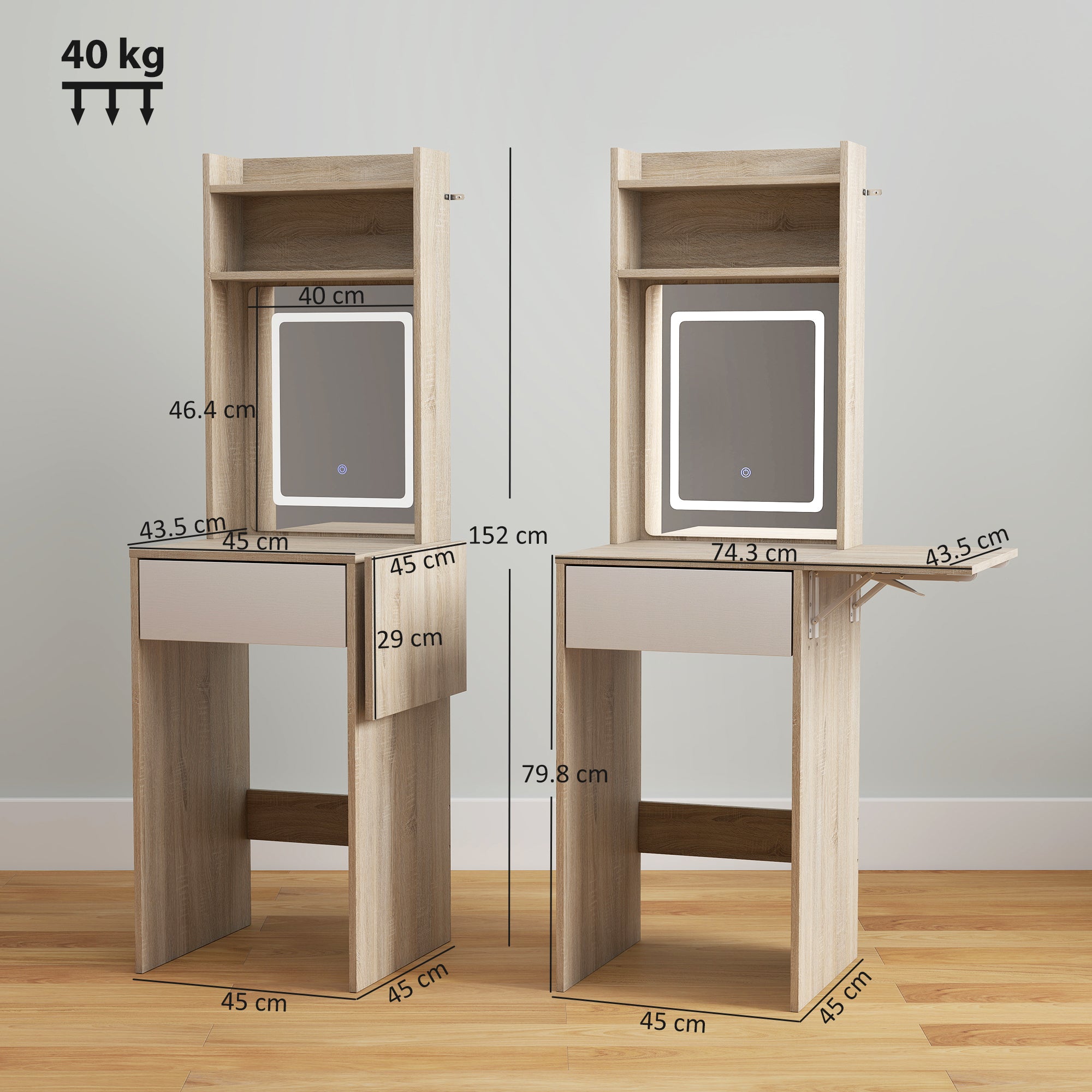 HOMCOM Small Vanity Desk with Mirror and LED Lights, Compact Dressing Table with Drop Leaf, Open Shelves, Natural Wood 