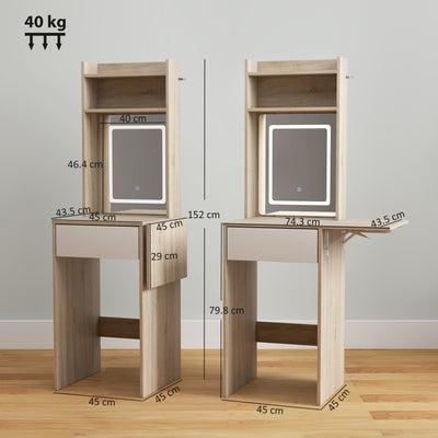 HOMCOM Small Vanity Desk with Mirror and LED Lights, Compact Dressing Table with Drop Leaf, Open Shelves, Natural Wood 