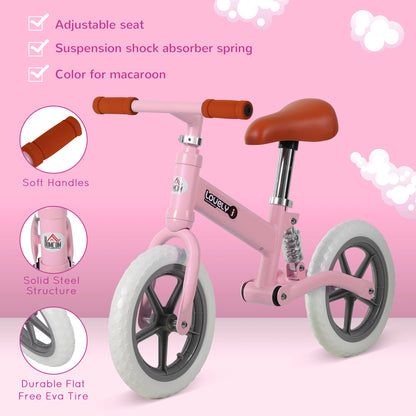 HOMCOM 12" Kids Balance Bike No Pedal Bicycle EVA Tire Adjustable Seat Toddler Training Bike W/ Shock Absorber 2 - 5 Years Gift for Boys Girls Pink 