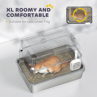 PawHut Extra Large Stainless Steel, Cat Litter Tray with Scoop, Flip Top 