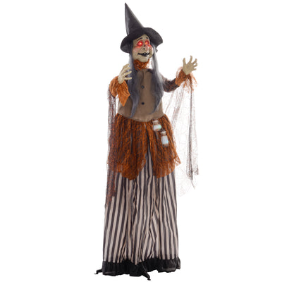 HOMCOM 183 cm Life Size Halloween Animated Standing Fat-Faced Witch with Red Light Up Eyes, Sound Activated Moving Arms & Head, Scary Witch Halloween Decorations, Battery Operated, Indoor Party Props 