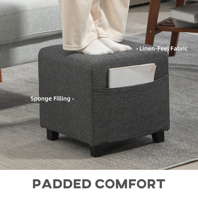 HOMCOM Square Footstool, Small Ottoman with Side Pocket, Linen Fabric Footrest Foot Stool with Rubber Wood Legs and Padded Seat for Living Room, Bedroom, Entryway, 35 x 35 x 35cm, Grey 