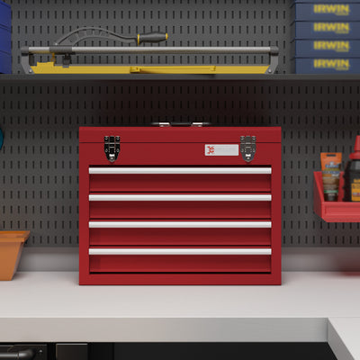 DURHAND Lockable Metal Tool Box, 4 Drawer Tool Chest with Latches, Handle, Ball Bearing Runners, Red 