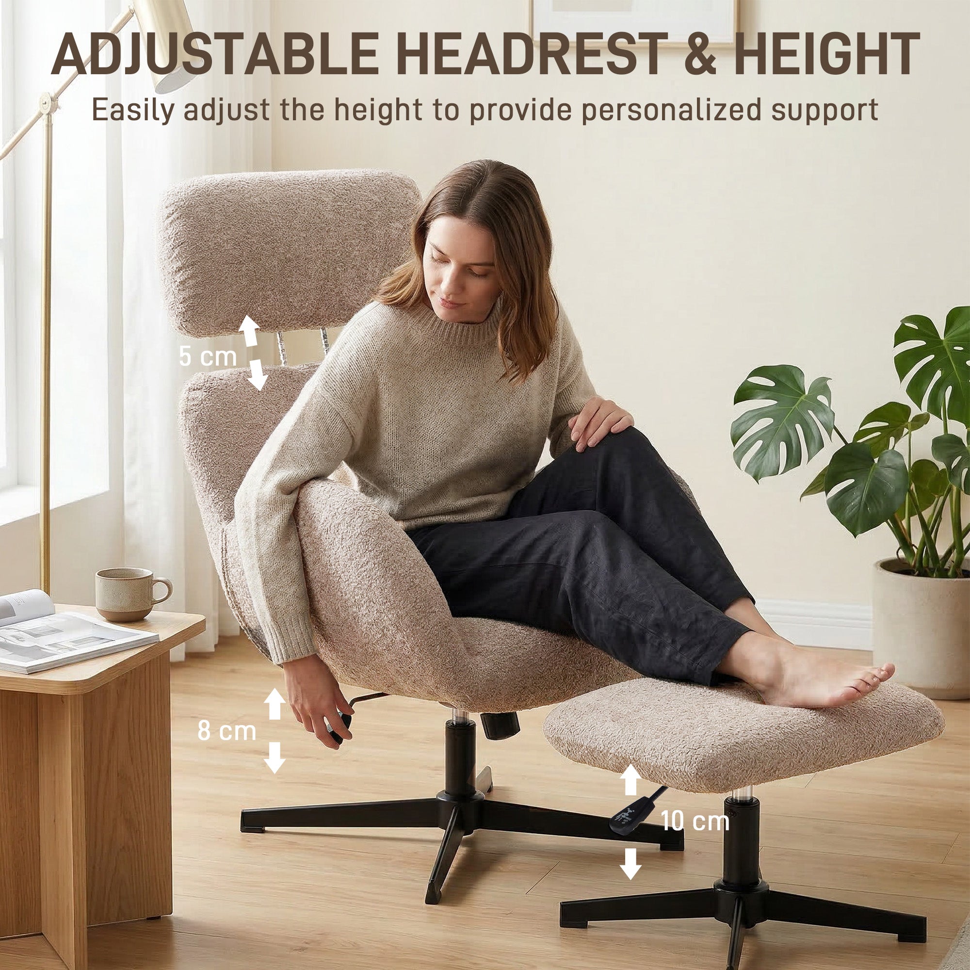 HOMCOM Swivel Armchair and Footstool Set, Height Adjustable Accent Chair with Adjustable Headrest, Rocking Function, Light Brown 